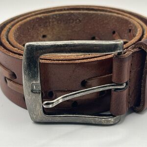 Vintage Unisex Buckle Distressed Silver and Brown Genuine Leather Belt